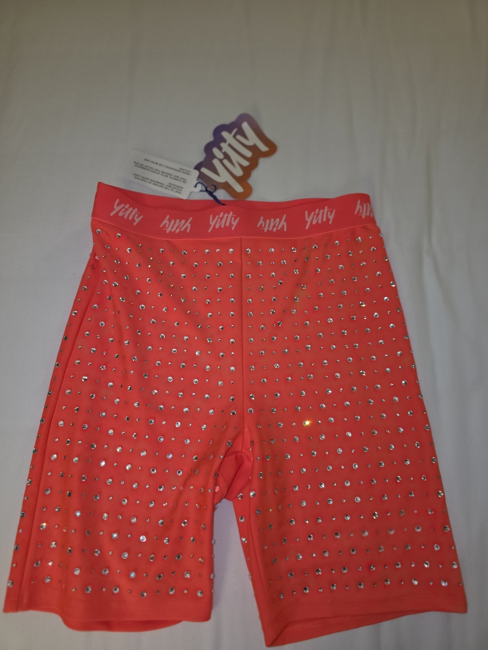 YITTY Neon Coral Rhinestone Cycling Shorts